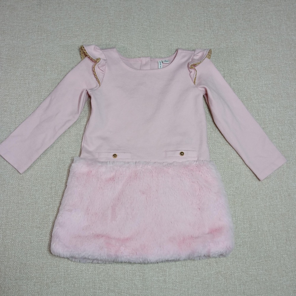 Janie and Jack Pink Faux Fur Ponte Dress Girls 2T Ruffle Shoulder Party